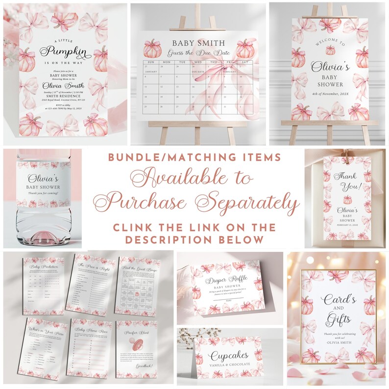 May include: A collection of baby shower stationery featuring watercolor pink pumpkins and bows. Items include invitations, a due date calendar, welcome signs, water bottle labels, favor tags, game cards, a diaper raffle card, and a food sign.