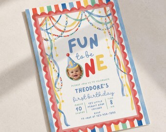 It’s Fun to Be One Birthday Invitation Template, Boy First Birthday Invitation, 1st Birthday Invite, Editable Canva Invite, Digital Download