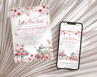 Tea Party Birthday Invitation Girl Pink Floral Invite Editable Par-tea Birthday Girl Invitation Instant Download Whimsical Teacup Invite DS2