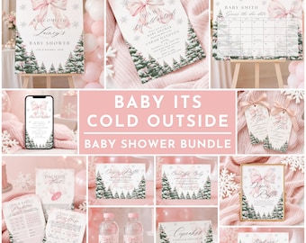 May include: A baby shower stationery bundle featuring a winter theme with pink bows, snowflakes, and evergreen trees. Includes a welcome sign, invitation, calendar, favor tags, raffle cards, game sheets, water bottle labels, and food signs.