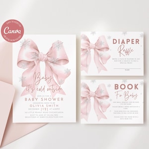 Pode incluir: Um conjunto de convites para chá de bebê com laço rosa e detalhes de floco de neve. O convite diz "Baby it's cold outside" e inclui detalhes do evento. Cartões adicionais incluem um sorteio de fraldas e um pedido de livro.