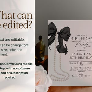 May include: A printable birthday party invitation featuring a black bow and pearl necklace design. The invitation reads "Join us for a Birthday Party Celebrating Samantha's 30th Birthday".