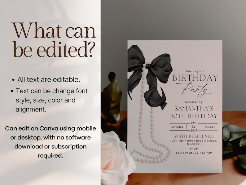 May include: A printable birthday party invitation featuring a black bow and pearl necklace design. The invitation reads "Join us for a Birthday Party Celebrating Samantha's 30th Birthday".