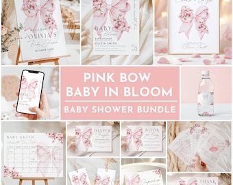 Pink Bow Baby in Bloom Baby Shower BUNDLE Template Baby Girl Floral Cute Pastel Baby Shower Invitation Wildflower Decor Set Instant Download