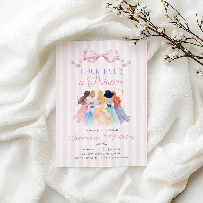 Princess 4th Birthday Invitation – Four Ever A Princess Birthday Invitation Pink Royal Dresses Watercolor Theme Party (Editable Template) image 4