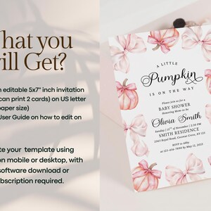May include: A 5x7 inch baby shower invitation template featuring watercolor illustrations of pink pumpkins and bows. The text reads: A LITTLE Pumpkin IS ON THE WAY, Please join us for a BABY SHOWER Honoring Mom-to-be Olivia Smith, SMITH RESIDENCE.