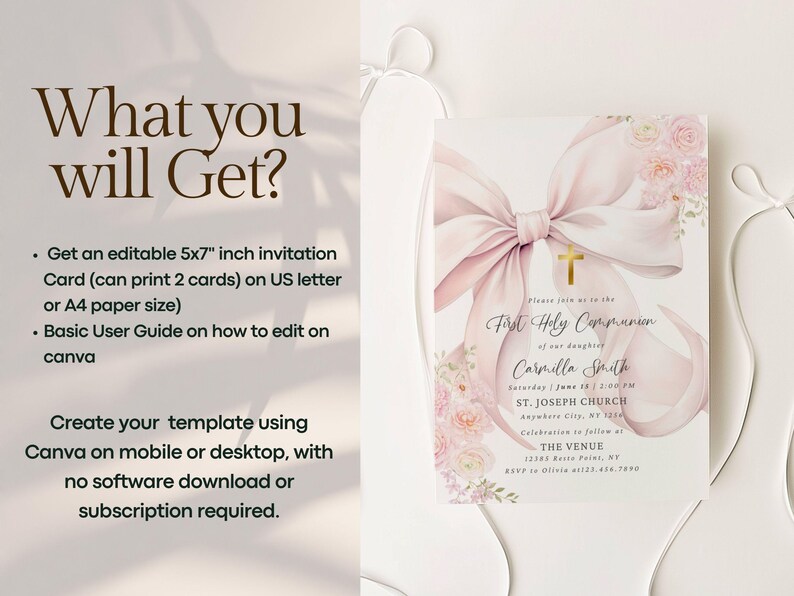 Editable Pink Bow First Holy Communion Invitation Template Watercolor ...