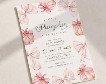 Little Pumpkin 1st Birthday Invitation Girl Pink Bow Little Pumpkin Turning One Invitation Canva Coquette First Birthday Fall Birthday Party
