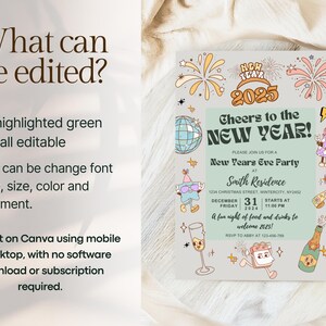May include: A New Year's Eve party invitation with a retro design. The invitation features the text "Cheers to the New Year!" and details for a party on December 31, 2024. The design includes illustrations of fireworks, a disco ball, and champagne.