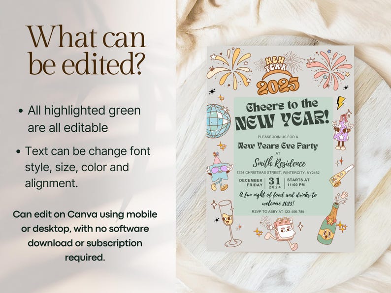 May include: A New Year's Eve party invitation with a retro design. The invitation features the text "Cheers to the New Year!" and details for a party on December 31, 2024. The design includes illustrations of fireworks, a disco ball, and champagne.