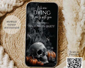 Invitación a fiesta de Halloween para adultos, video editable, fiesta de disfraces de Halloween digital, espeluznante, calavera oscura y arañas, Evite Canva