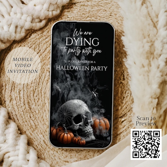 Adults Halloween Party Invitation Editable Video Digital Halloween spooktacular Dark Skull and Spiders Halloween Costume party Evite Canva