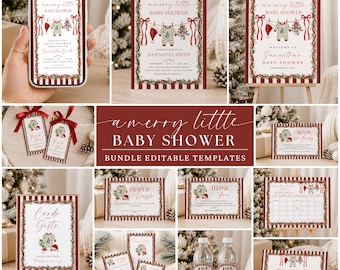 May include: A collection of editable baby shower templates featuring a red and white striped border, green pine garlands, and red ribbons. The designs include invitations, thank you tags, diaper raffle cards, and signs with festive holiday graphics.