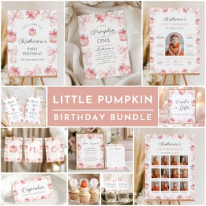 May include: A Little Pumpkin Birthday Bundle with various party decorations. Includes invitations, signs, cupcake toppers, and thank you tags. The designs feature watercolor pumpkins and bows in shades of pink and peach.
