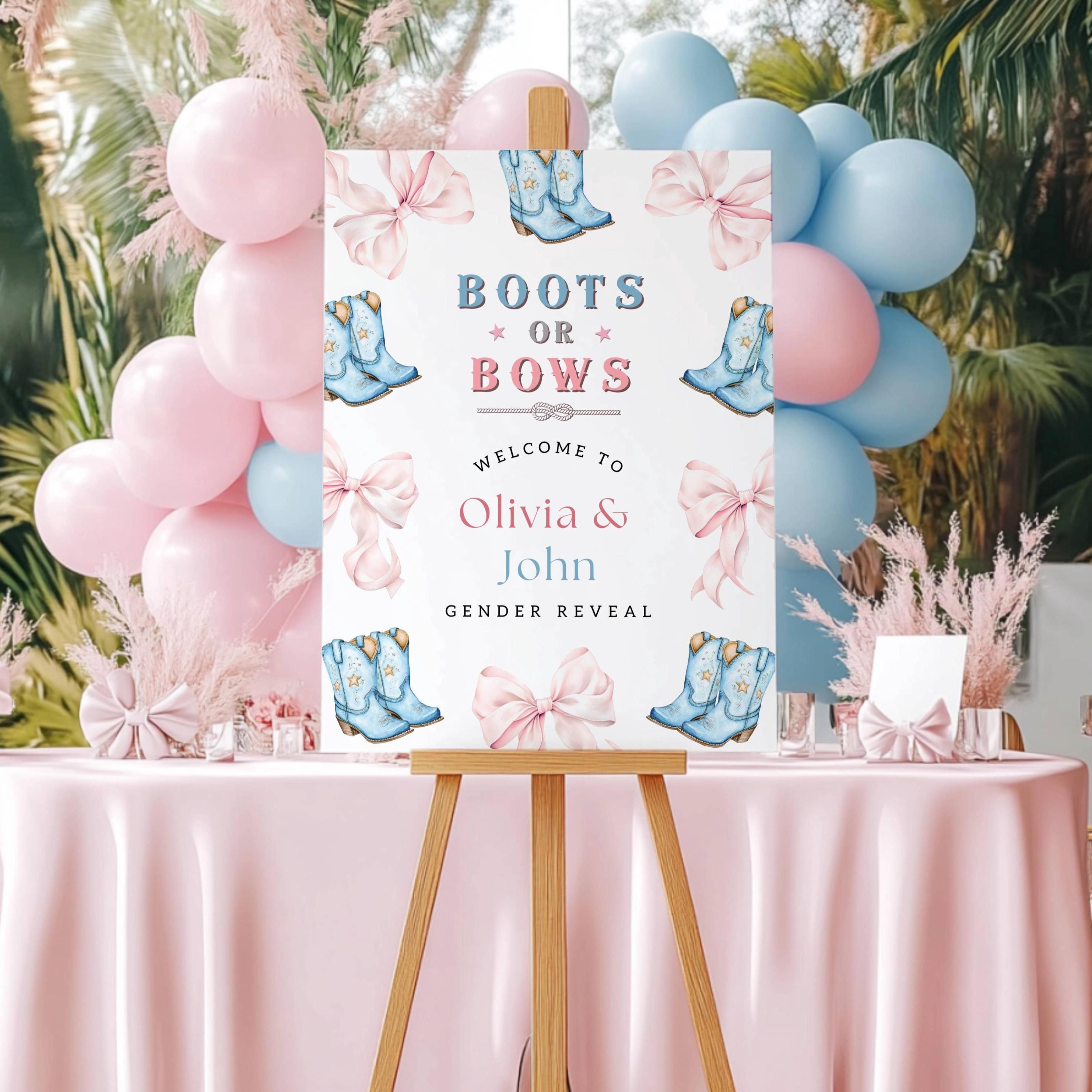 Boots or Bows Gender Reveal Welcome Sign Template Editable Elegant Pink and Brown Western Theme Coquette Aesthetic Welcome Poster PRINTABLE