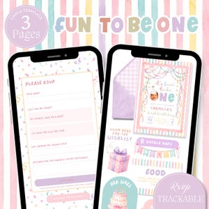 Könnte beinhalten: Ein digitales Einladungsvorlagen-Set für einen ersten Geburtstag mit pastellfarbenen Streifenhintergründen, Konfettimustern und Texten wie Fun To Be One, Carmilla's First Birthday, RSVP, Wishlist, Google Maps, Food und RSVP Trackable.