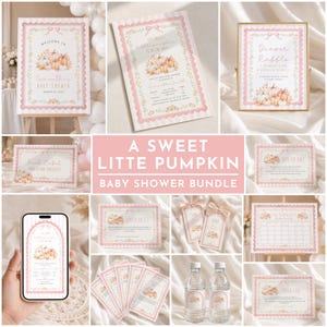 May include: A baby shower bundle featuring a sweet little pumpkin theme with pink and white striped borders, floral accents, and illustrations of pumpkins. The set includes invitations, signs, raffle cards, and labels with elegant script text.