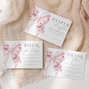 Rosa Schleife Baby in Bloom Baby Shower Windel Raffle Bücher für Baby Danke, Karte, Einschließung, Karten, Canva Vorlage, Blumen, Kokette, Baby Mädchen, Karte