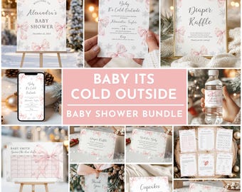Pink Bow Winter Girl Baby Shower Invitation Bundle Baby Its Cold Outside Winter Pink Baby Shower Invite Set Decor Editable Digital Downloads