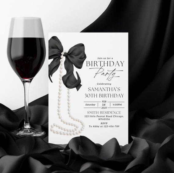 Pearls and Black Bow Birthday Invitation Watercolor Black Bow Elegant 30th Birthday Invite Pastel Black Ribbon Coquette Invite for Any Age
