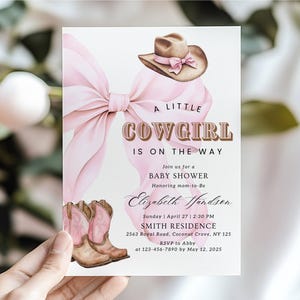 Pink Bow Cow Girl Baby Shower Invitation Template  A Little Cowgirl Baby Shower Coquette Wild West Western Girl Pink Outdoors Rodeo Country