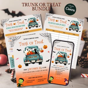 May include: A Halloween-themed bundle featuring event flyers and a smartphone displaying a Trunk or Treat design. The flyers include a vehicle registration form and a volunteer sign-up sheet. The design includes a vintage truck with pumpkins, a ghost, and a black cat.