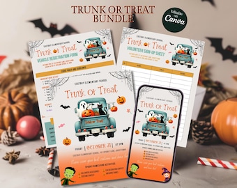 Bundle Trunk or Treat Flyer Animated Video Invite Registration Signup Form for School Church Halloween Party Editable Trunk or Treat Posters