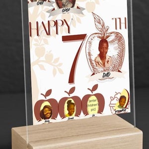 Tarjeta o póster del 70 cumpleaños - Árbol genealógico 'Apple no cae lejos' - Gran regalo para él o ella - Abuelos, padres, hijos, nietos