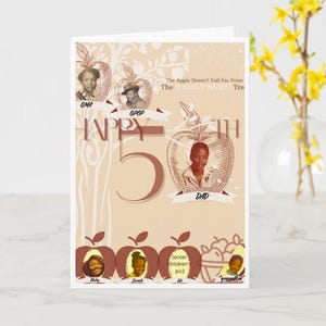 Tarjeta de cumpleaños/póster de Milestone y plantilla de árbol genealógico: 'La manzana no cae lejos' con fotos familiares que incluyen padres, hijos y nietos