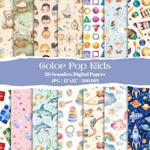 Pacote de papel digital infantil para scrapbooking, padrões de aquarela sem costura com brinquedos, animais, formas, trens e espaço, pacote de papel para impressão