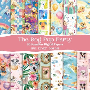 Bunter Hund Digital Papier Bundle, Welpe nahtlose Hintergründe für Scrapbooking, süße Hund druckbare Papiere, Haustier Party Clipart Set, 12 x 12 Zoll