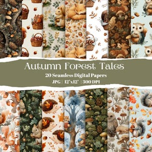 May include: A collection of 20 seamless digital papers with an autumn forest theme. The designs feature woodland creatures like squirrels, foxes, and owls, along with leaves, acorns, and mushrooms. Each paper is 12"x12" and suitable for various craft projects.