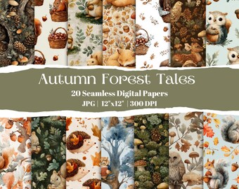 Herbst Wald Digitales Papier, 20 Wald nahtlose Hintergründe, Fuchs Eule Eichhörnchen Herbst Scrapbook Papiere, rustikale Herbstwald Muster