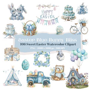 106 Blue Easter Watercolor Clipart, Bunny and Egg PNG, Spring Cake Illustration, Pastel Holiday Art, Floral Wreaths, Easter Basket