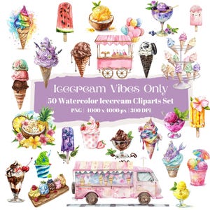 Whimsical Ice Cream Clipart Bundle, 50 Watercolor Dessert Illustrations, Summer Sweet Treats PNG, Colorful Ice Cream Truck Graphics Set