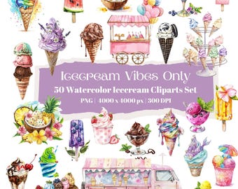 Pacchetto di clipart di gelati ad acquerello: 50 illustrazioni di dessert estivi (PNG)