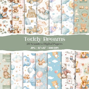 Paquete de papel digital con diseño de osito de peluche en acuarela, bonito patrón sin costuras de osito, álbum de recortes para baby shower, fondo para guardería, descarga instantánea PNG