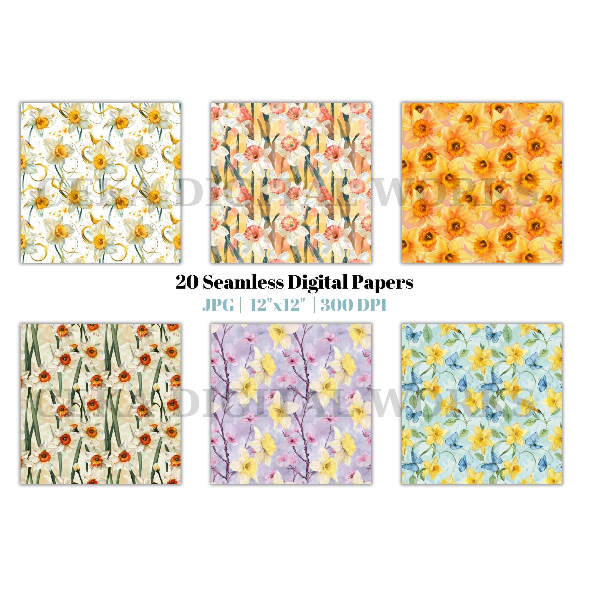 Daffodil Seamless Digital Paper Set, Spring Yellow Floral Backgrounds ...