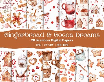 Watercolor Christmas Digital Paper Pack: Gingerbread & Cocoa Patterns (12"x12", 300 DPI) (Digital Download)