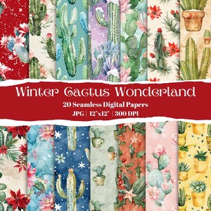 May include: A set of 20 seamless digital papers with a winter cactus theme. The papers showcase cactus illustrations, floral designs, and watercolour backgrounds. The text "Winter Cactus Wonderland" is on a red banner. Each paper measures 30.48cm x 30.48cm.