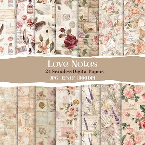 Aquarell Vintage Liebesbriefe Digitales Papier, romantische nahtlose Muster, Scrapbook-Hintergründe, Junk Journal Kit, florale Ephemera