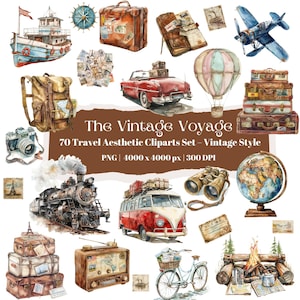Ensemble de cliparts de voyage vintage avec valises trains voitures vélos montgolfières et timbres-poste, ensemble PNG aventure rétro pour scrapbooking