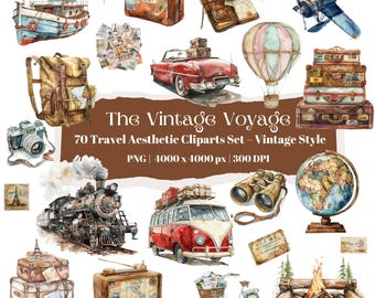 Vintage Travel Clipart Set: Retro Adventure PNG Bundle (70+)