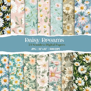 Watercolor Daisy Seamless Digital Paper Pack, 24 Daisy Floral Patterns, Cottagecore Backgrounds, Perfect for Scrapbooking & Crafts