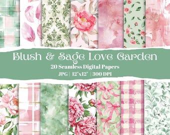 Blush & Sage Love Garden Digital Paper Bundle, 20 Seamless Floral Patterns, Pink Green Watercolor Backgrounds, Scrapbook and Craft Papers