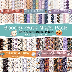 Spooky-Cute 100 Halloween Digital Paper Bundle, Seamless Patterns with Ghosts, Witches, Cats, and Pumpkins, Perfect for Scrapbooking