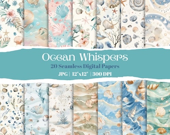 Seashell Digital Paper Bundle, Watercolor Ocean Patterns With Starfish, Coral, Beach Waves, Seamless Summer Scrapbook And Craft Designs