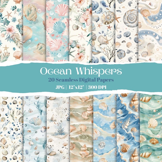 Seashell Digital Paper Bundle, Watercolor Ocean Patterns With Starfish, Coral, Beach Waves, Seamless Summer Scrapbook And Craft Designs