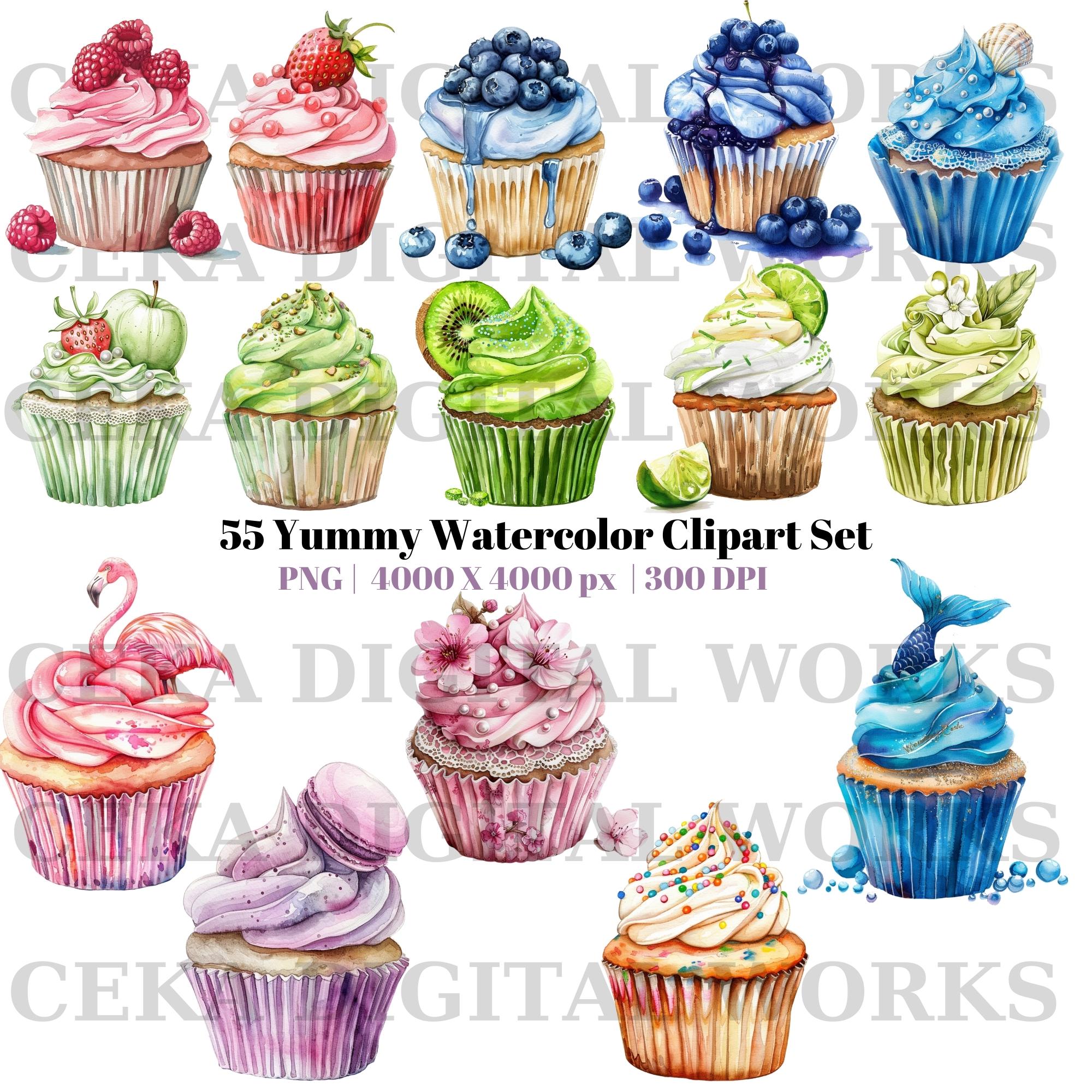 Watercolor Cupcake Clipart Bundle: 55 Dessert Pngs (instant Download ...