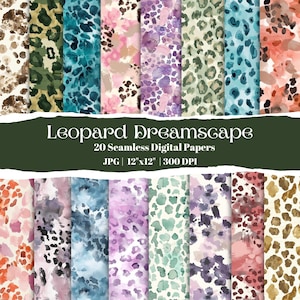 Carta digitale con stampa leopardata colorata ad acquerello, sfondi con motivi animali senza soluzione di continuità per scrapbooking, biglietti, design a sublimazione